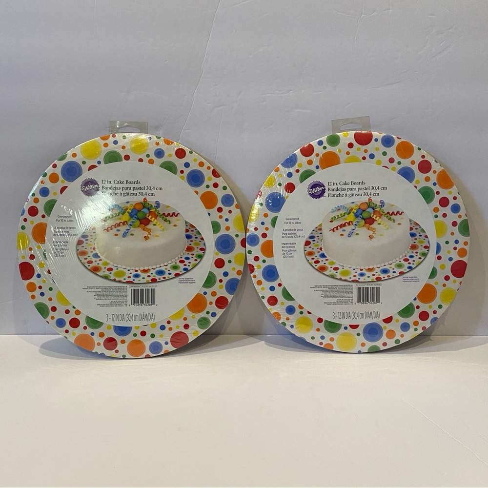 2 Wilton 3-packs of 12" Cake Boards with Colorful Dots Circles Pattern NWT